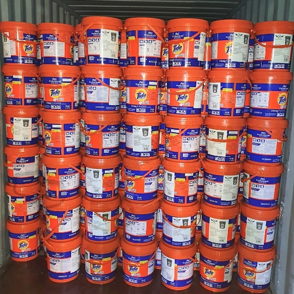 A full container load of Tide detergent buckets stacked for shipping.