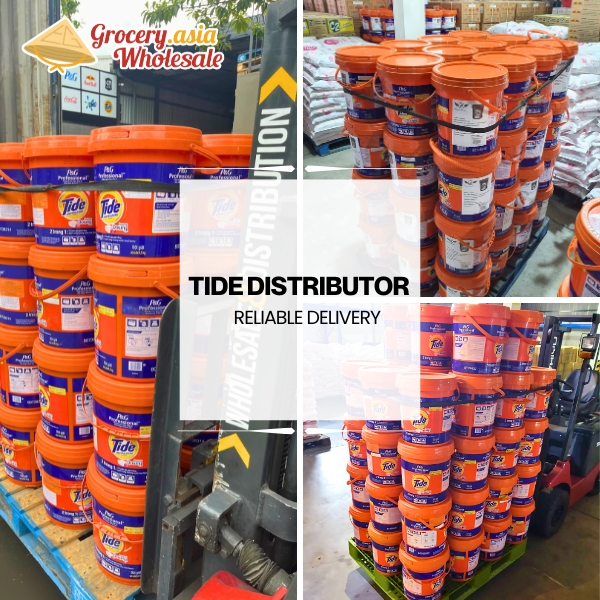 Multiple pallets of Tide detergent buckets in warehouse, showcasing reliable delivery.