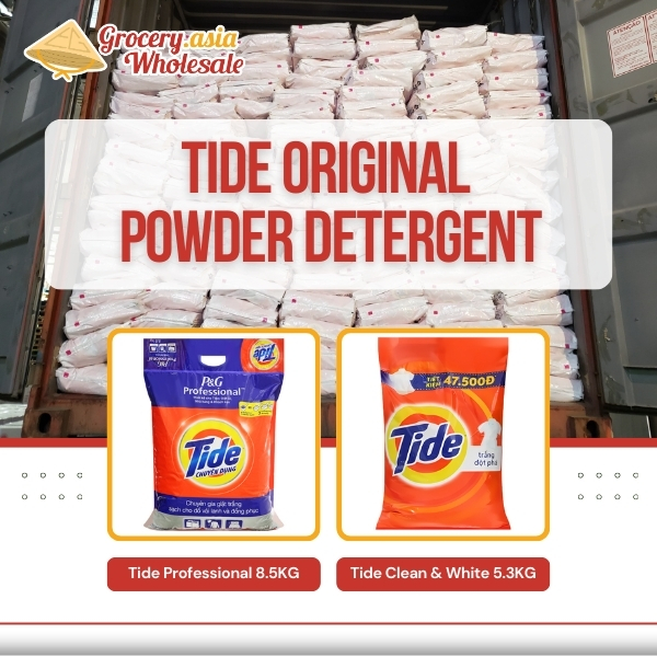Tide Original powder detergent in 8.5KG and 5.3KG bags, with cartons ready for export