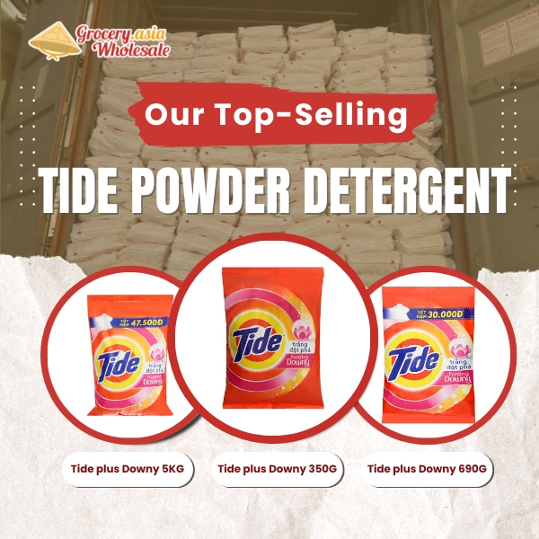 Top-selling Tide powder detergent packs including 5KG, 690G, and 350G variants displayed by Asia Grocery Wholesale in front of a full container shipment.