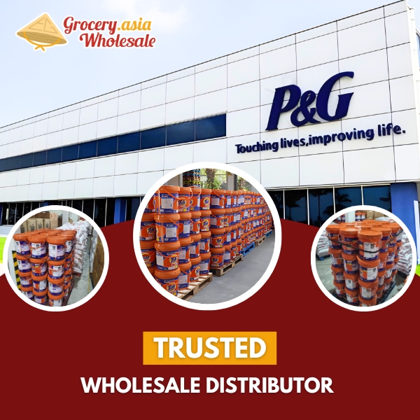 Exterior of P&G building with wholesale detergent buckets shown in circular insets.