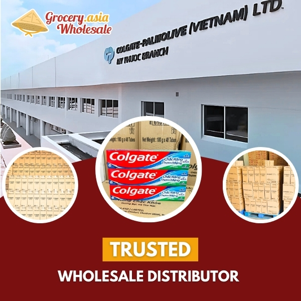 Colgate-Palmolive Vietnam factory building with Colgate toothpaste boxes, showcasing Asia Grocery's trusted wholesale distribution