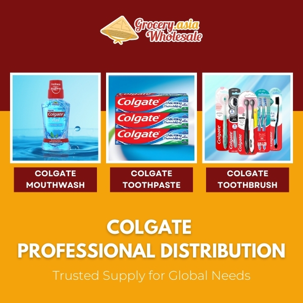 Display of Colgate mouthwash, toothpaste, and toothbrushes for wholesale by Asia Grocery, highlighting professional distribution
