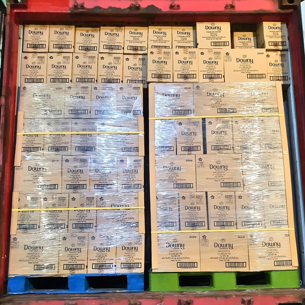 Container loaded with Downy Mystique wholesale boxes ready for export