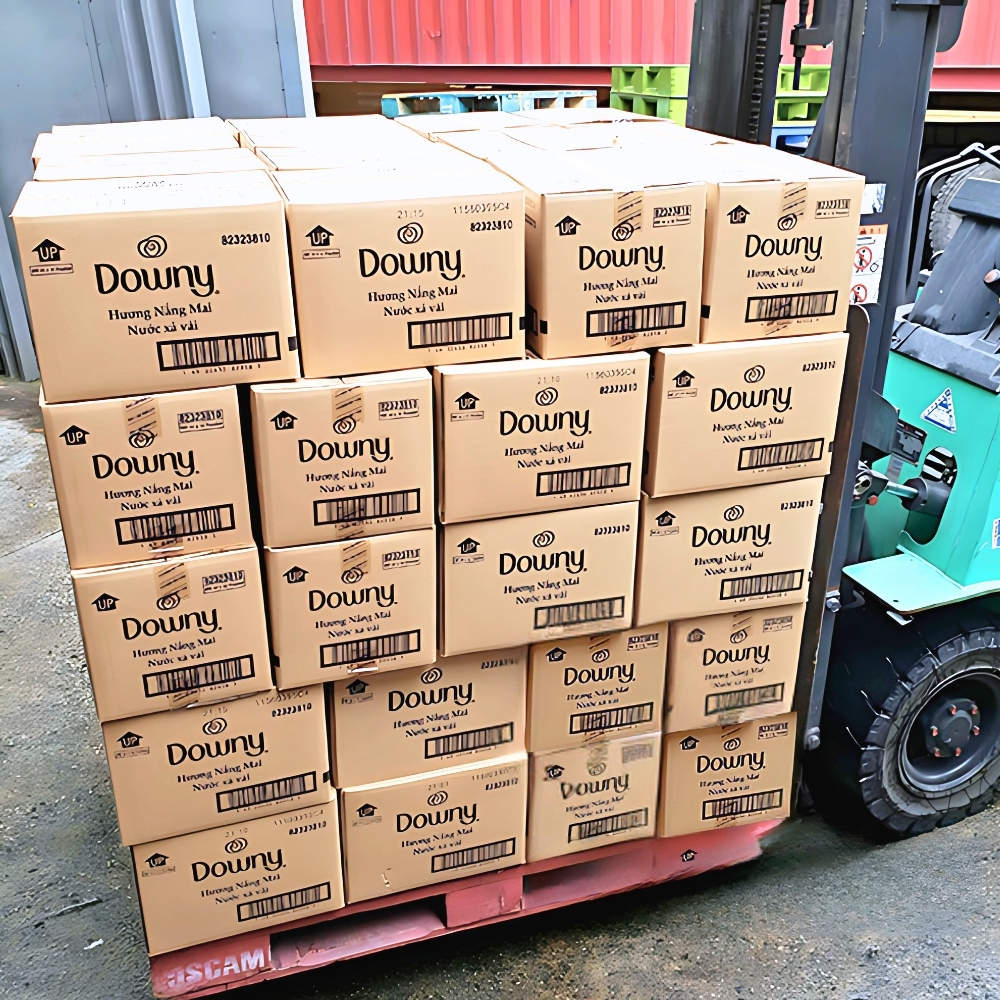 Forklift loading pallets of Downy fabric softener boxes at Asia Grocery for efficient wholesale distribution