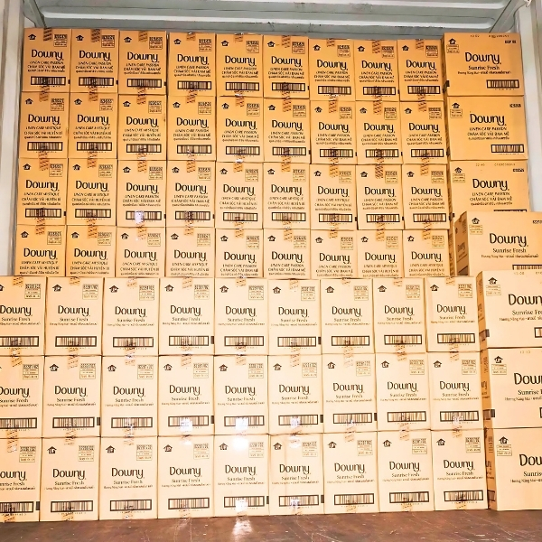 Full container loaded with Downy Passion fabric softener boxes for wholesale shipment by Asia Grocery