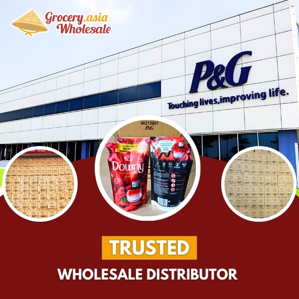 P&G factory building with Downy Passion fabric softener pouches, showcasing Asia Grocery as a trusted wholesale distributor