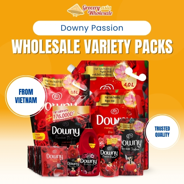 ariety of Downy Passion fabric softener packs in different sizes, supplied by Asia Grocery for wholesale