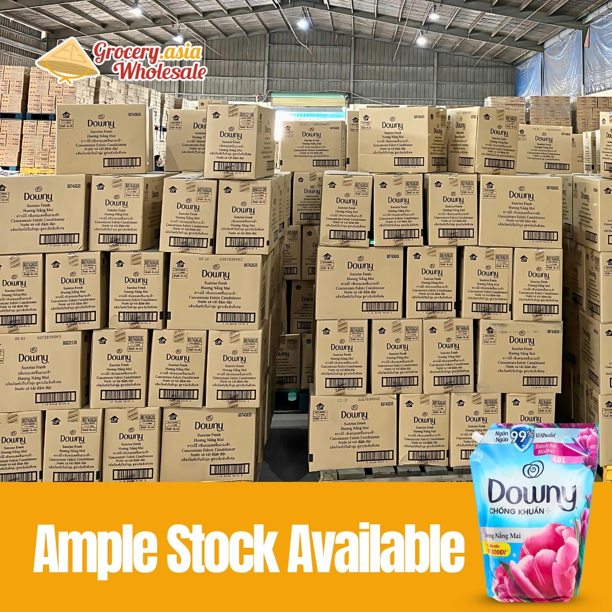 Warehouse with ample stock of Downy fabric softener boxes, ready for wholesale distribution by Asia Grocery