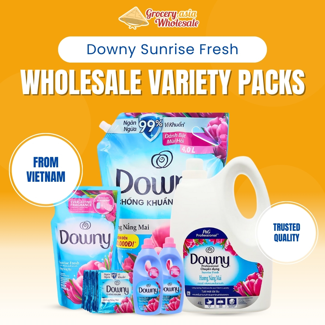 Variety of Downy Sunrise Fresh fabric softener packs in different sizes, supplied by Asia Grocery for wholesale