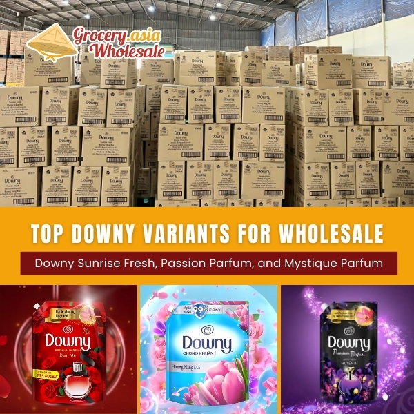 Display of popular Downy variants including Sunrise Fresh, Passion Parfum, and Mystique Parfum for wholesale by Asia Grocery