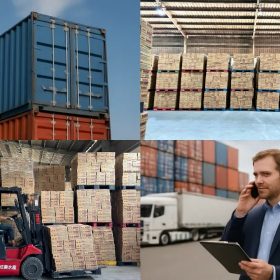 A collage depicting aspects of global distribution, including shipping and warehouse operations, related to Red Bull distribution.