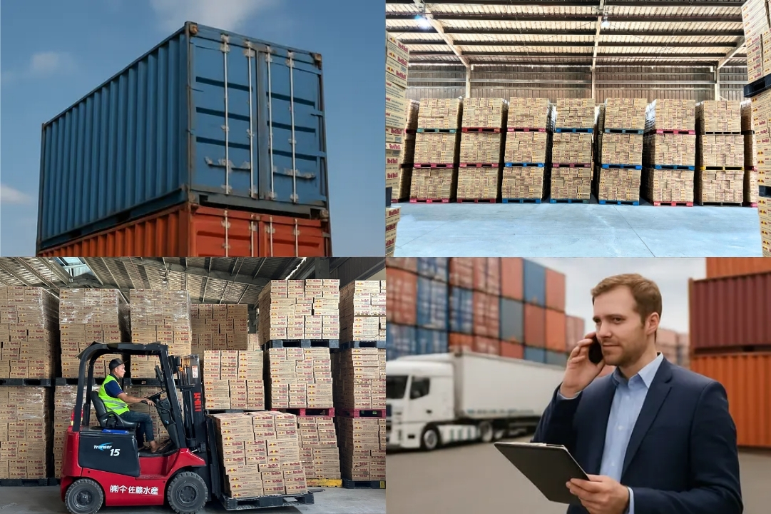 A collage depicting aspects of global distribution, including shipping and warehouse operations, related to Red Bull distribution.