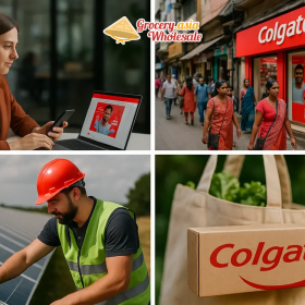 Visual collage of Colgate's marketing components: digital, local adaptation, sustainability.