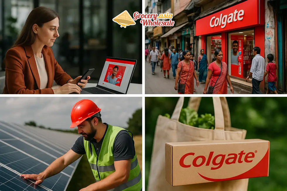 Visual collage of Colgate's marketing components: digital, local adaptation, sustainability.
