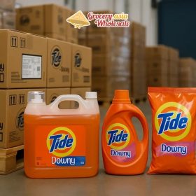 Overview of Tide with Downy export packaging stages.