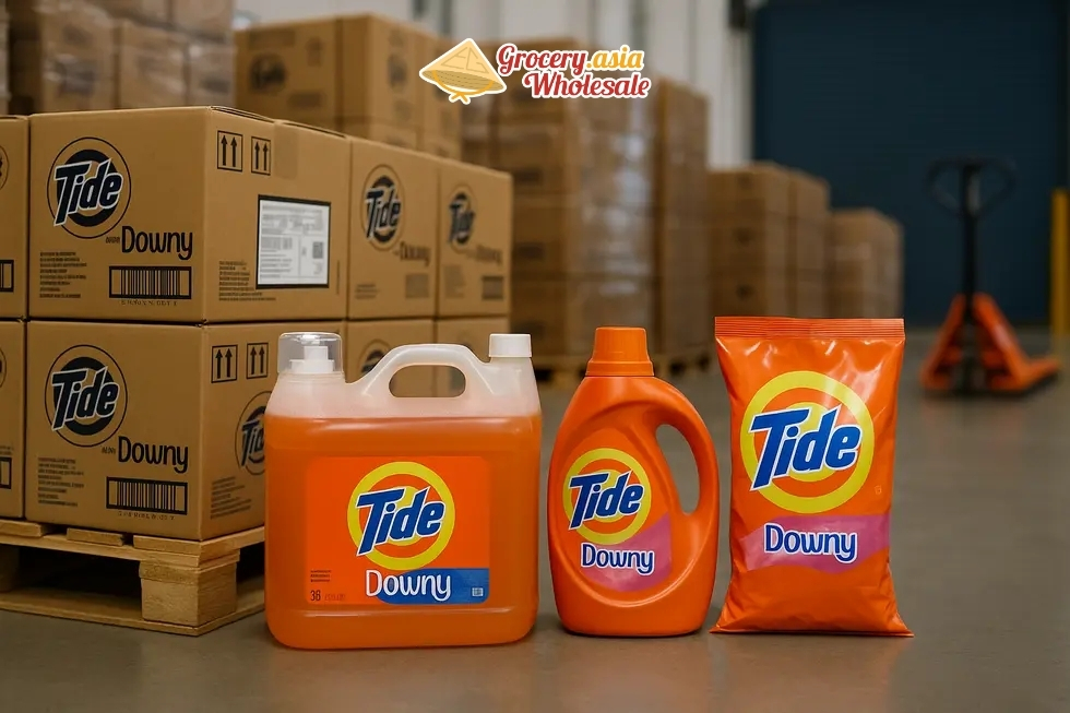 Overview of Tide with Downy export packaging stages.