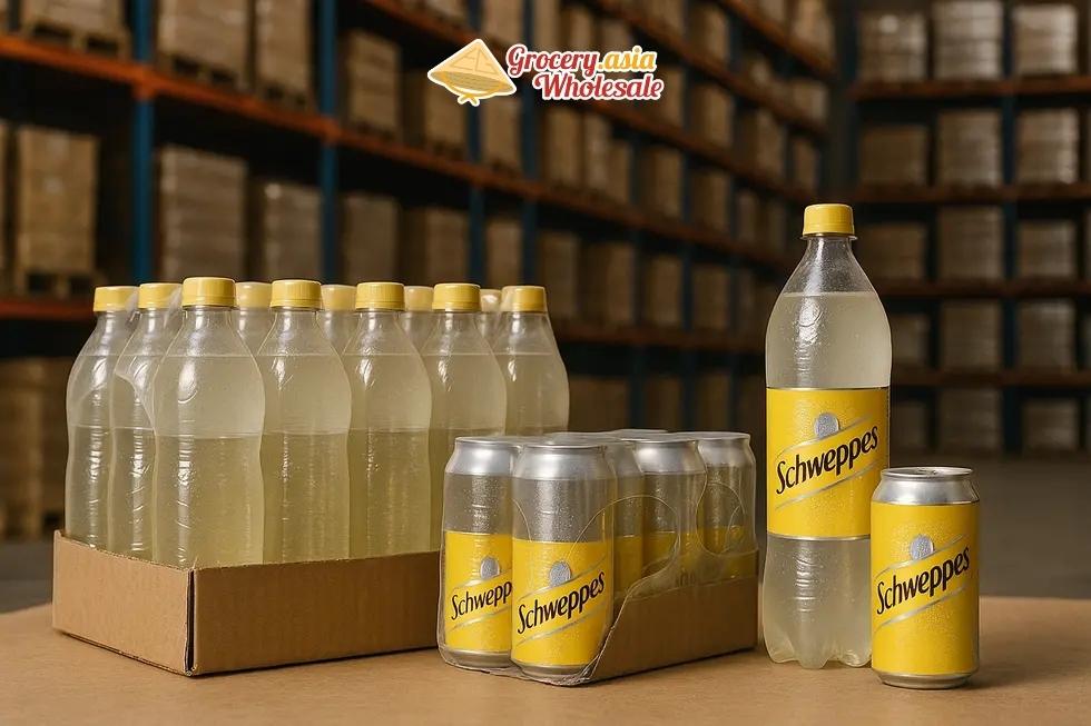 Different Schweppes beverage packages displayed in a storage environment.