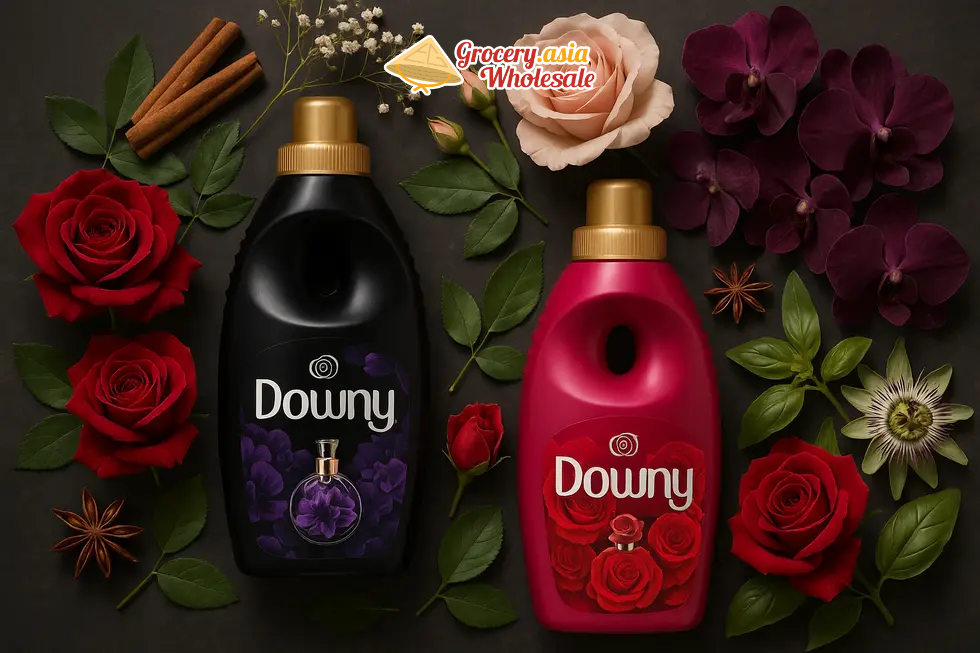 Bottles of Downy Premium Parfum showcasing various scent inspirations set in a Vietnamese laundry room.