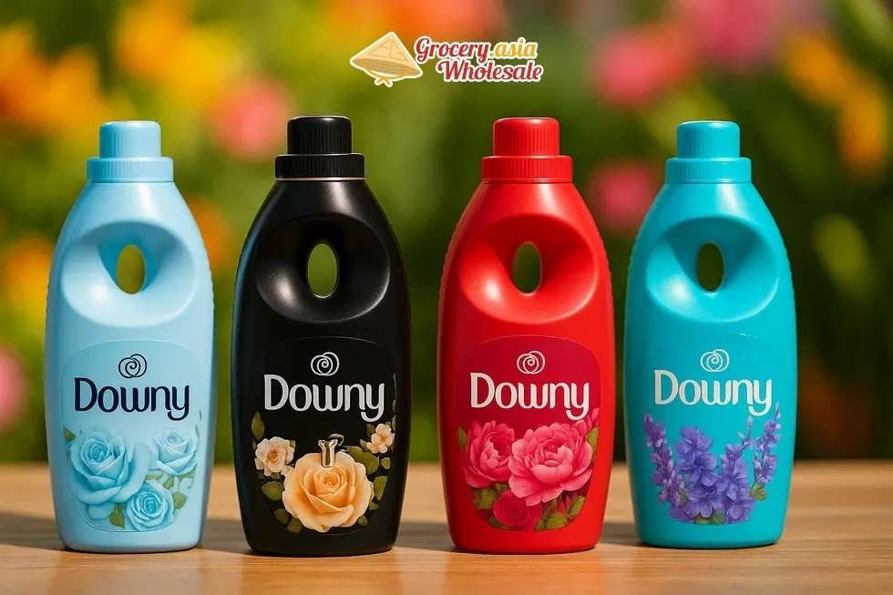 Various Downy fabric softeners against a colorful background representing their usage in Vietnam.