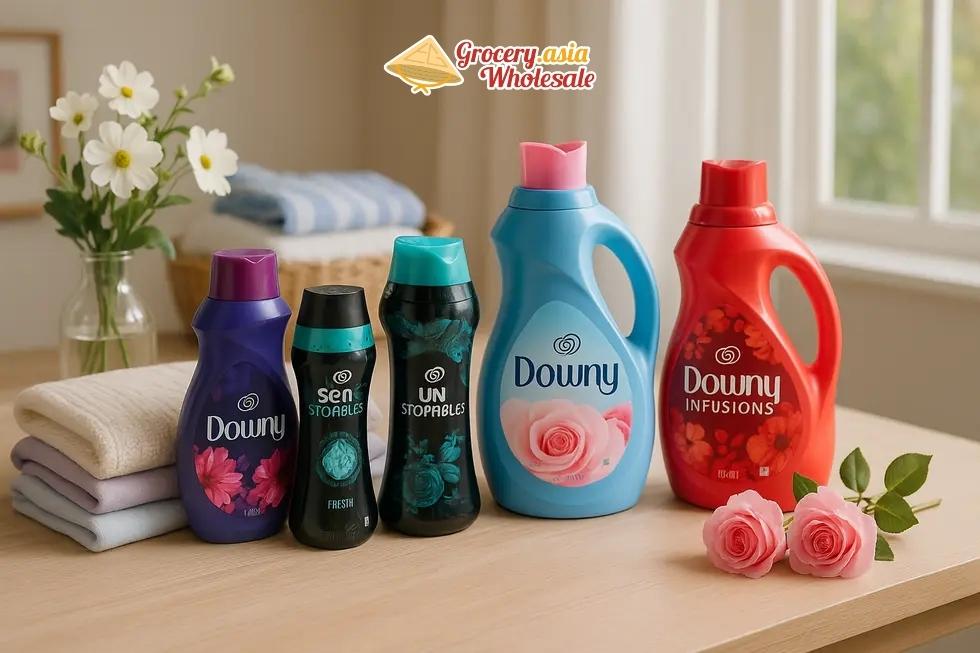 A collage of Downy products with freshly washed clothes, highlighting Downy scent layering benefits.