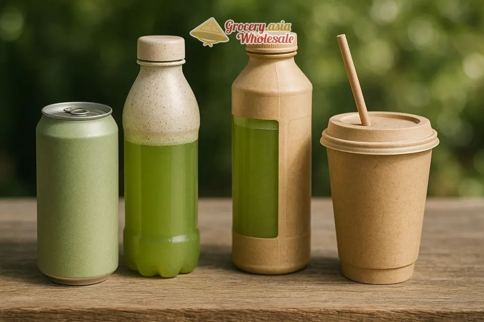 Different types of sustainable energy drink packaging options.