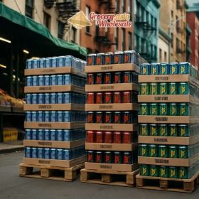 Pallets of energy drink cartons lined up in a wholesale market with a vibrant background.