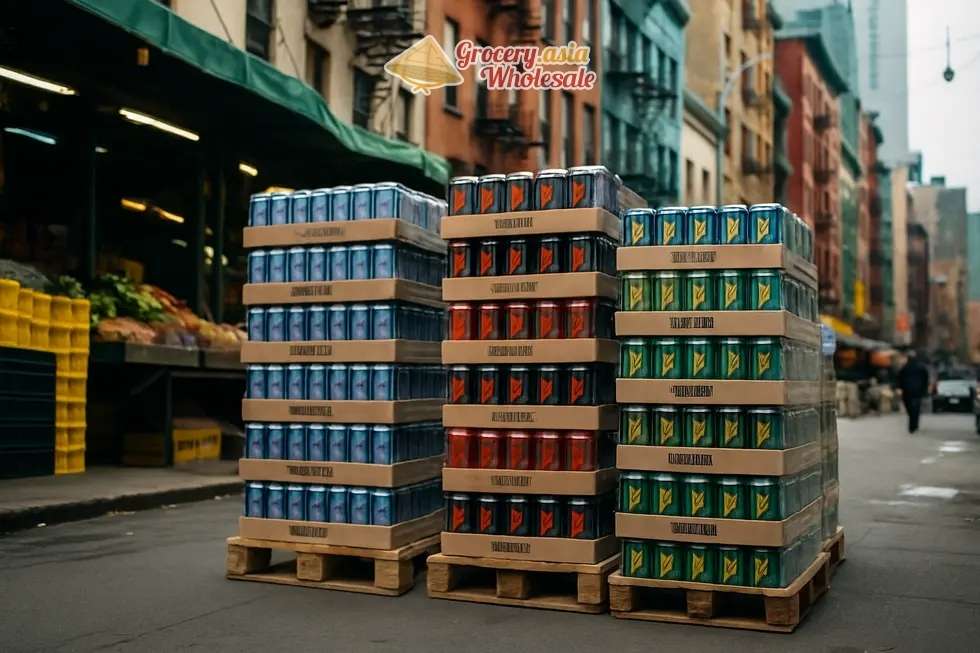 Pallets of energy drink cartons lined up in a wholesale market with a vibrant background.