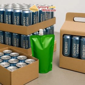 A collage of various packaging styles for wholesale energy drinks highlighting different formats and materials.