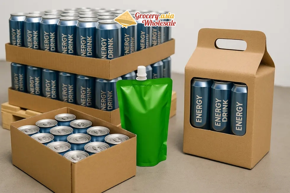 A collage of various packaging styles for wholesale energy drinks highlighting different formats and materials.
