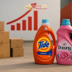 Graph rising with Tide and Downy products, symbolizing export growth.