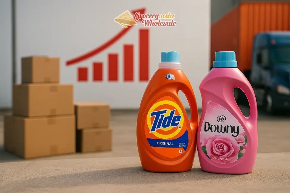 Graph rising with Tide and Downy products, symbolizing export growth.