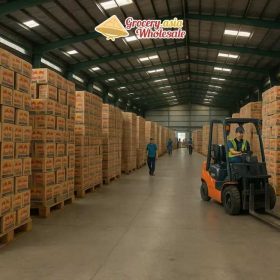 FMCG warehouse filled with stacks of Red Bull energy drink cartons, representing their distribution capability.