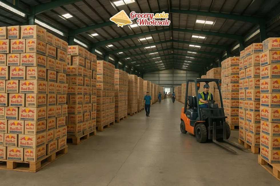 FMCG warehouse filled with stacks of Red Bull energy drink cartons, representing their distribution capability.