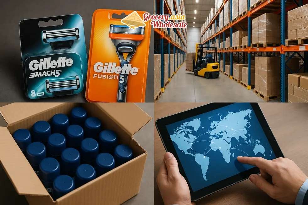 Different carton sizes of Gillette products illustrating standard wholesale MOQ requirements.