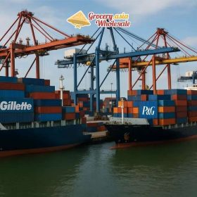 An international port teeming with activity, featuring containers bearing Gillette and P&G logos, symbolizing their global logistics capabilities.