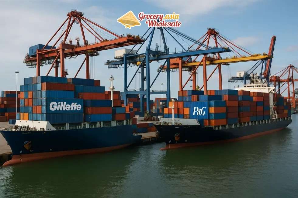An international port teeming with activity, featuring containers bearing Gillette and P&G logos, symbolizing their global logistics capabilities.