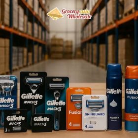 Warehouse with a variety of Gillette products organized for distribution and wholesale logistics.