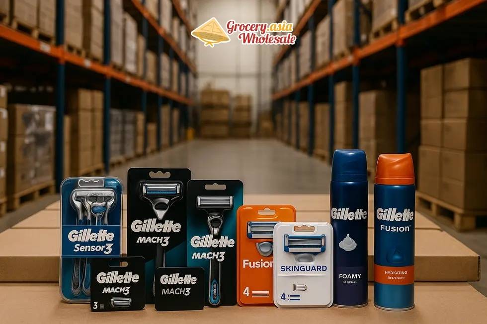 Warehouse with a variety of Gillette products organized for distribution and wholesale logistics.