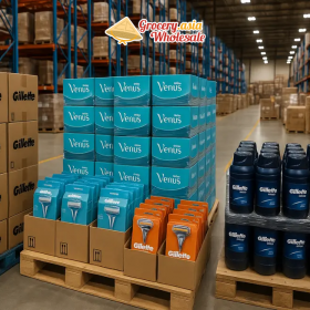Various Gillette products packed in a warehouse waiting for export, emphasizing different MOQ packages.