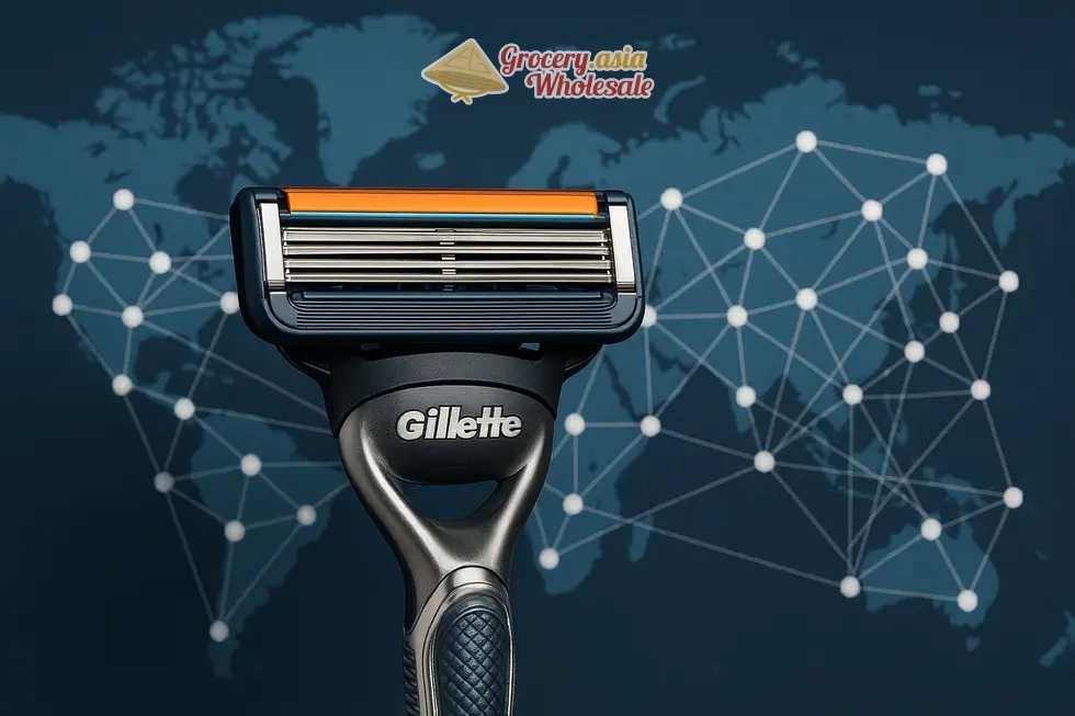 Global map with connecting lines indicating various supply routes for buying Gillette products wholesale.