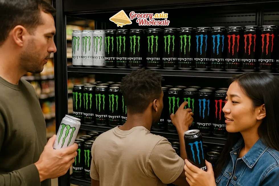 Monster Energy drinks on retail shelf with consumers.