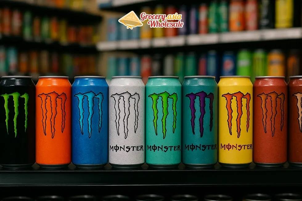 Diverse Monster Energy drink cans in multiple sizes and colors on a store shelf.