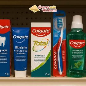 Colgate oral care products with multilingual export labels on a retail shelf