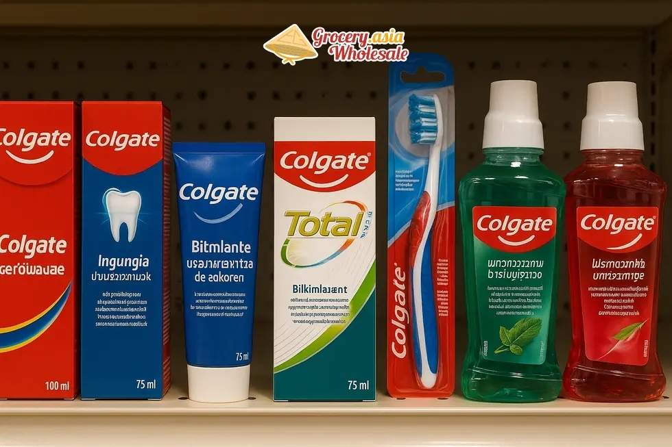 Colgate oral care products with multilingual export labels on a retail shelf