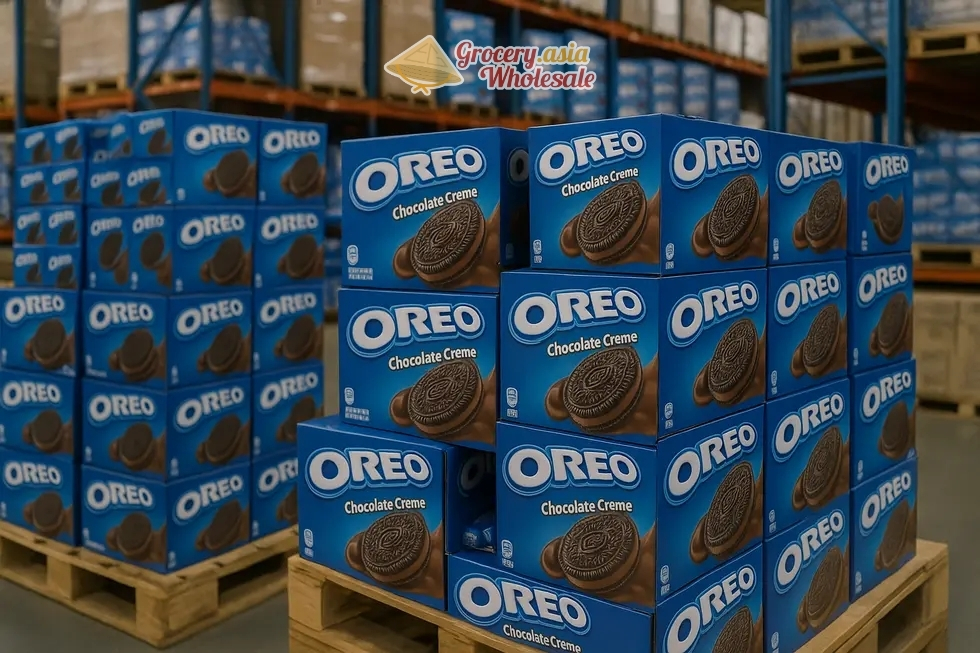 A vast stockroom filled with diverse Oreo products ready for wholesale.