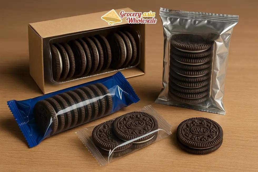 Oreo cookies in various export packaging, showcasing shelf life strategies.