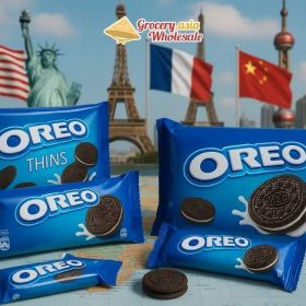 Collection of Oreo packages with international flags and landmarks.