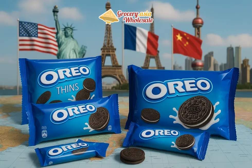 Collection of Oreo packages with international flags and landmarks.