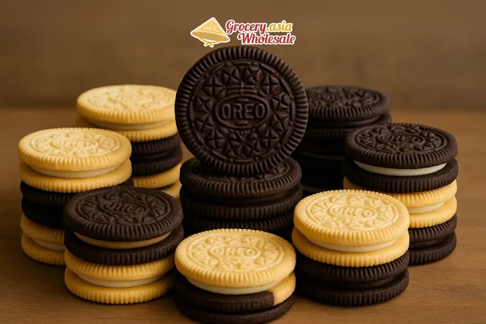 Variety of stacked Oreo flavors in a circle, symbolizing global reach.